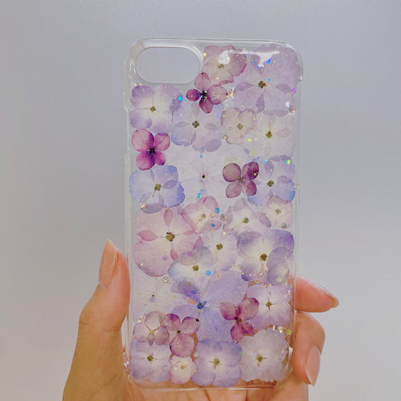 【全機種対応】紫陽花うめつくし♡押し花スマホカバー♡iPhoneもAndroidも。 5枚目の画像
