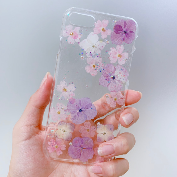 ☆全機種対応☆紫陽花ふんわり押し花スマホケース♪iPhone Xperia Galaxy AQUOS らくらくフォン 1枚目の画像