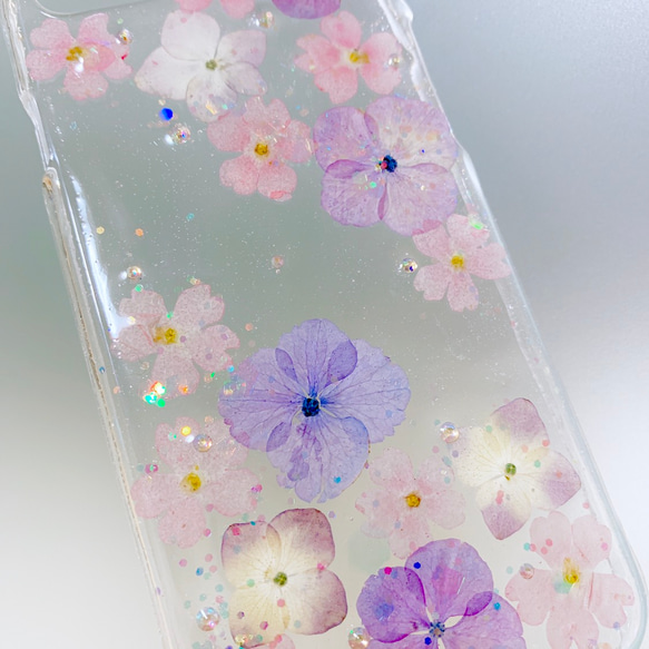 ☆全機種対応☆紫陽花ふんわり押し花スマホケース♪iPhone Xperia Galaxy AQUOS らくらくフォン 2枚目の画像