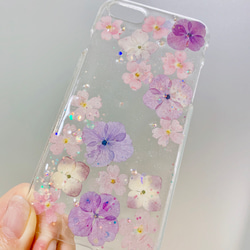 ☆全機種対応☆紫陽花ふんわり押し花スマホケース♪iPhone Xperia Galaxy AQUOS らくらくフォン 3枚目の画像