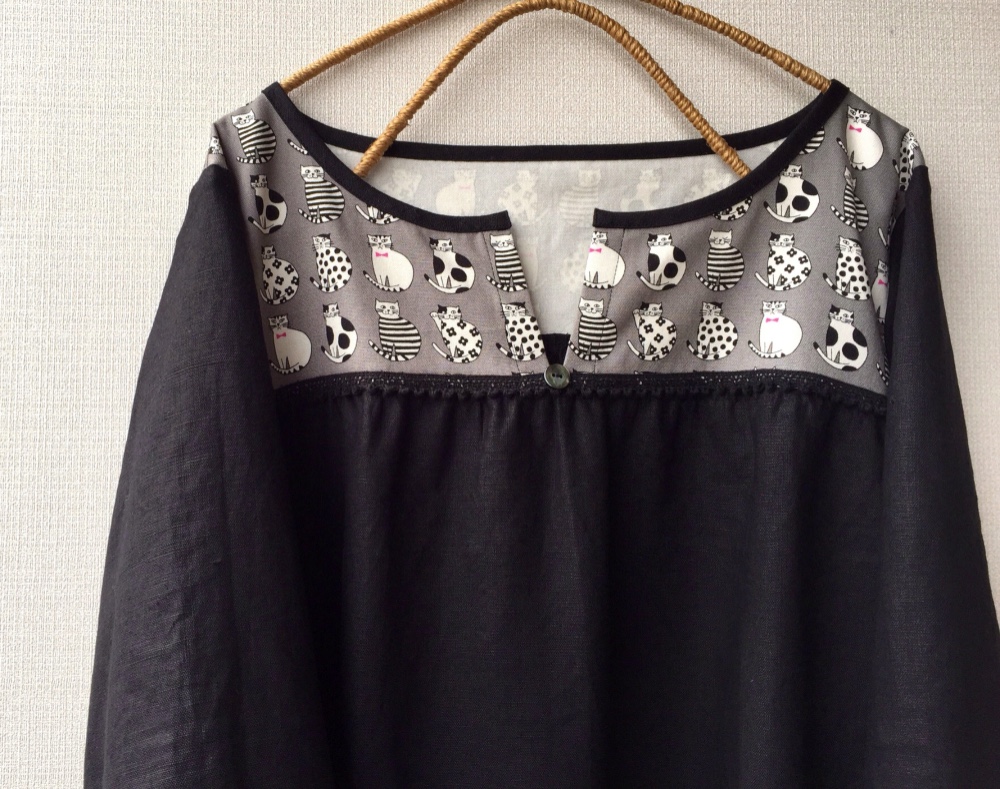 Ｍ～LLから選択セミオーダー●ネコ派の黒リネンワンピース