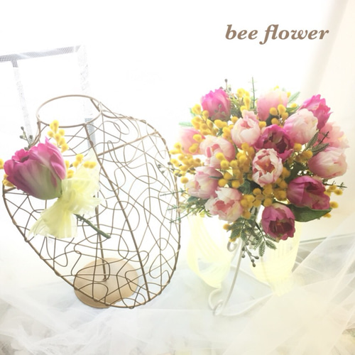 **ミモザとチューリップ♪フープブーケ♡ ミモザとチューリップのブーケ アーティフィシャルフラワー
