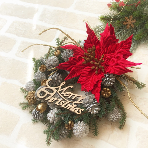 ポインセチアのクリスマスリース/30cm 祝福 アートフラワー Floral