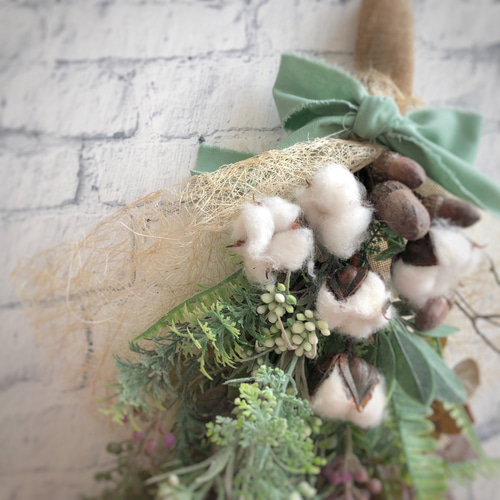 48×25cm/どんぐりとコットンフラワーのベリースワッグ リース Floral