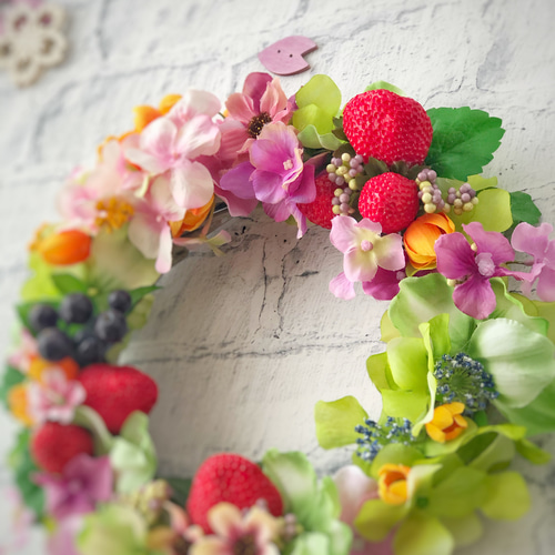 フラワーリース　春　いちご　約25cm フラワーリース春いちご約25cm