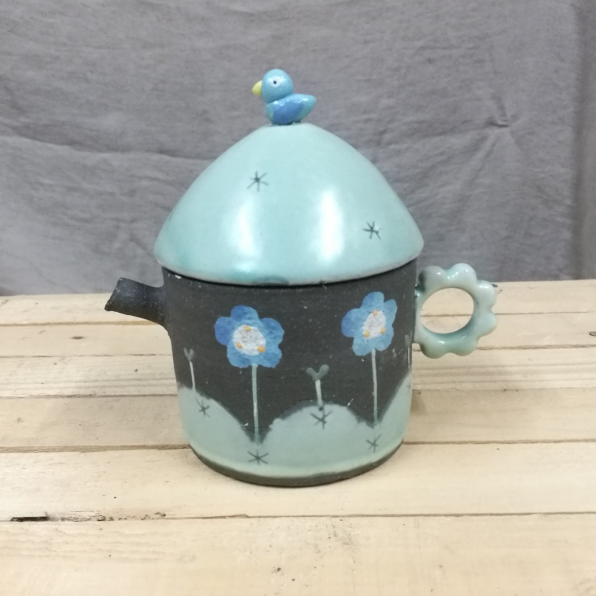 青い鳥のポット(茶漉し付き)