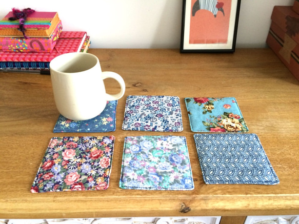 手作りコースター 6枚セット コットン100％ ブルー系 花柄