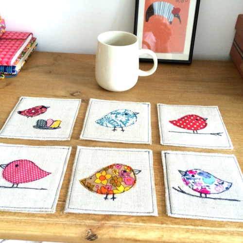 手作りコースター 6枚セット リネン100％ 小鳥 ミシンアップリケ  
