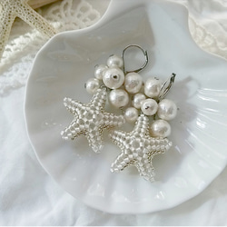 【再販3】Beads starfish × cotton pearl pierce (silver×silver) 3枚目の画像