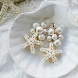 【再販3】Beads starfish × cottonpearl pierce (beige×gold) 2枚目の画像