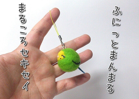 ふにふにスクイーズなセキセイインコ(緑)【玉ころストラップ】羊毛フェルトby夕の月フェルト工房 1枚目の画像