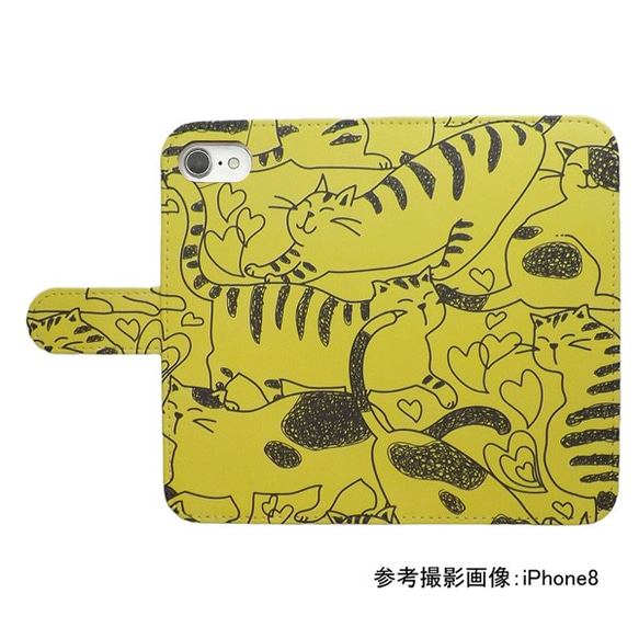 全機種対応 手帳型スマホケース 猫 動物 ネコ ハート イラスト パターン画 557 2枚目の画像