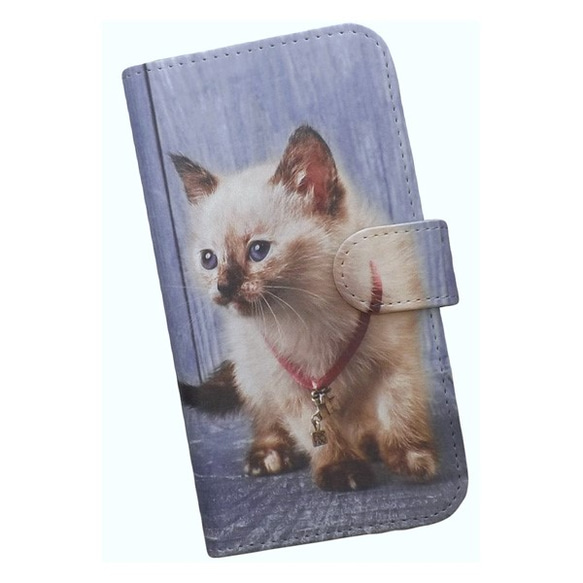 全機種対応 手帳型スマホケース ネコ 子猫 ウッド 454 1枚目の画像