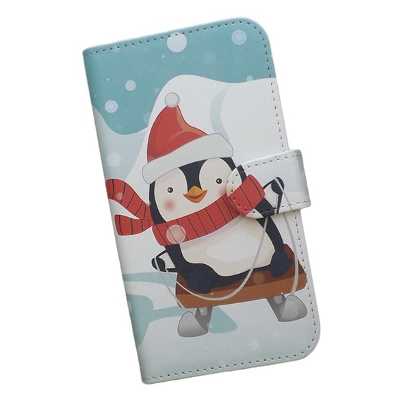 全機種対応 手帳型スマホケース ペンギン 雪 雪遊び そり 冬 クリスマス 524 1枚目の画像