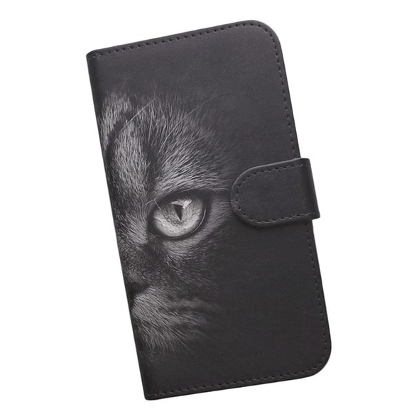 全機種対応 手帳型スマホケース ネコ 動物 黒猫 顔 モノトーン 527 1枚目の画像