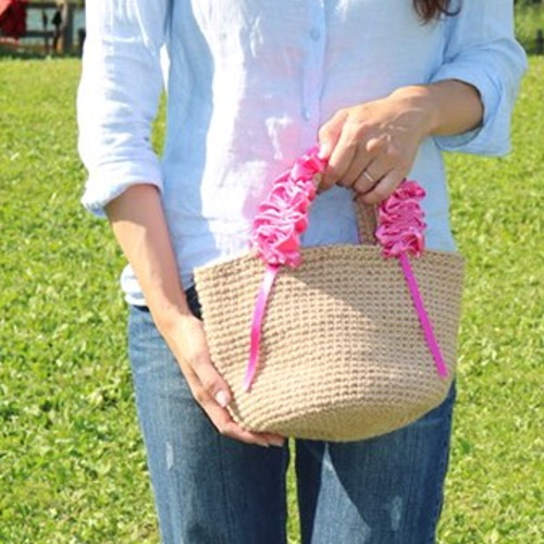 新色追加☆】全7色☆フリルがついたグレープハンドルの麻バッグ(Small  