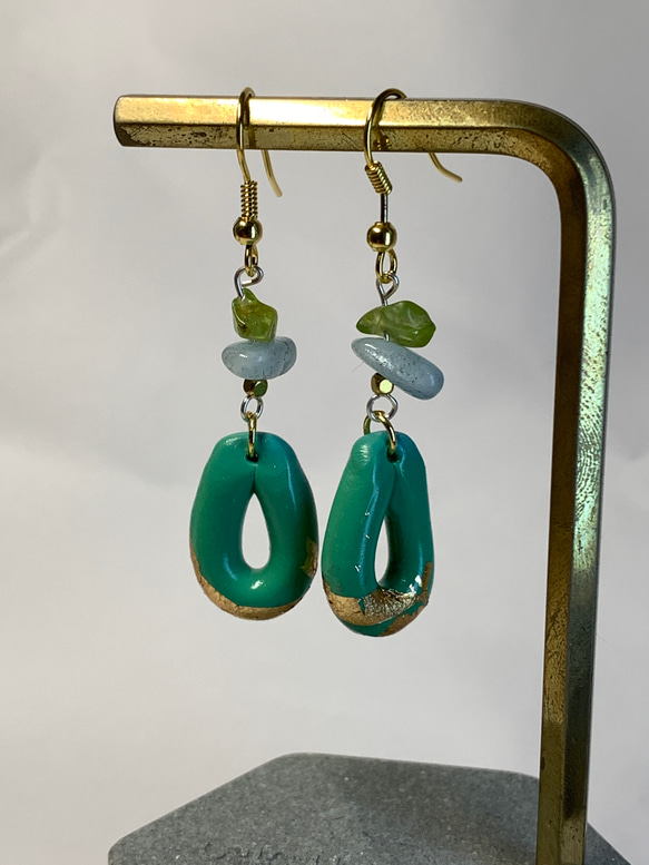 大地的藝術-天然水晶設計師系列 耳環 耳飾 海藍寶 橄欖石 金箔 軟陶 第2張的照片