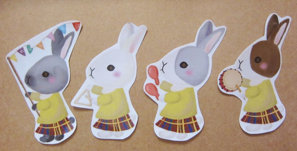 手繪插畫風格 完全 防水貼紙 兔子樂隊 一套四張 第1張的照片