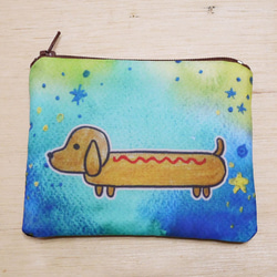 手繪渲染水彩風格圖案 黃色 奶油色 臘腸狗 鑰匙包 零錢包 卡片包 第1張的照片