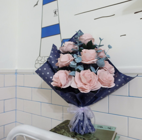 ストリーム布手作りの布の花屋 - タイタニックの感情は、ピンクのバラ花束をバラ 2枚目の画像