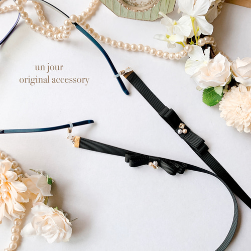 リボン メガネストラップ メガネチェーン パール ビジュー付きリボン