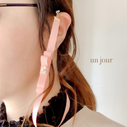 リボン メガネストラップ メガネチェーン パール ビジュー付きリボン