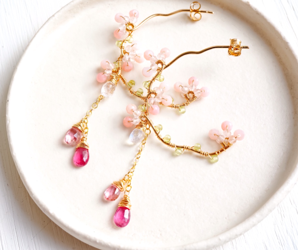 天然石♡うるうるプレシャスオパールのしゃら〜んピアス14kgf