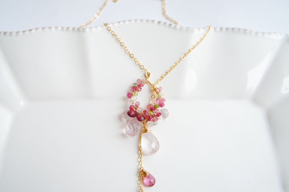 桜-ピンクトルマリンとローズクォーツのネックレス 14kgf 2枚目の画像