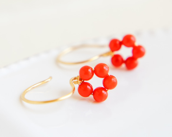 18k 日本赤珊瑚 梅の花ピアス 18金 solid gold ピアス（フック