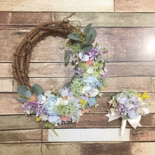 フープブーケ　ブートニア　アーティフィシャルフラワー 宅配商品】【アーティフィシャルフラワー】Natural-Garden 空色
