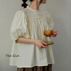 ⁂The Girl⁂　ギャザーブラウス＊バルーンスリーブ＊綿100%＊ホワイト 2枚目の画像