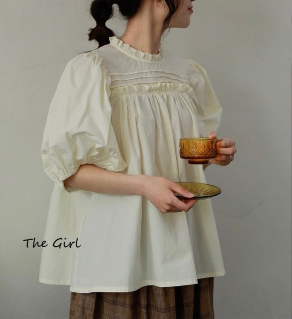 ⁂The Girl⁂　ギャザーブラウス＊バルーンスリーブ＊綿100%＊ホワイト 2枚目の画像