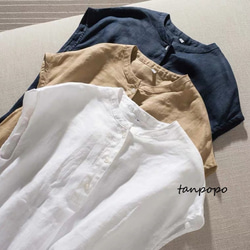 【夏の支度♡】⁂tanpopo⁂リネン100%＊丸ネック/フレンチスリーブ＊白/紺/キャメル 1枚目の画像