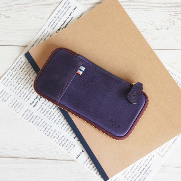 スリムなレザーペンケース（グレープ/ストライプ・パープル） 革 ペン