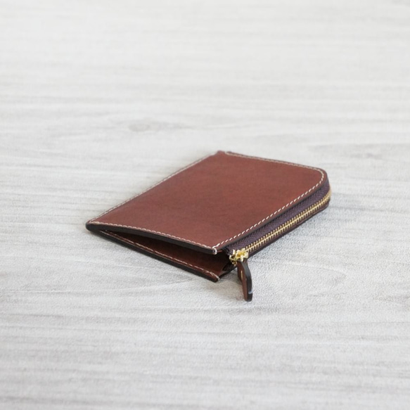 スリムなレザーウォレット（ブラウン/トリコロール・レッド）　ミニ財布　サブ財布　薄い財布　小さい財布 3枚目の画像