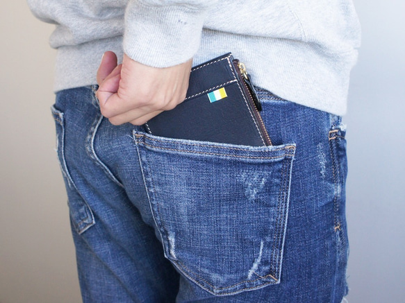 スリムなレザーウォレット（ブラウン/トリコロール・レッド）　ミニ財布　サブ財布　薄い財布　小さい財布 5枚目の画像