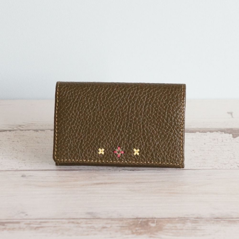 一番星の名刺入れ（カーキ/桃×緑）　カードケース　革