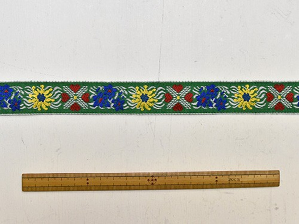 チロリアンテープ 50cm　お花とハート（緑/2.5cm幅） 3枚目の画像