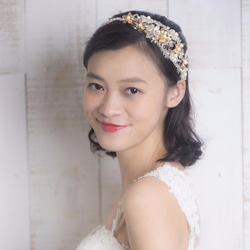 串珠金色花朵。珍珠花朵髪箍新娘髪飾／頭飾－Swarovski Elements及其他 第3張的照片