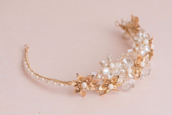 串珠金色花朵。珍珠花朵髪箍新娘髪飾／頭飾－Swarovski Elements及其他 第7張的照片