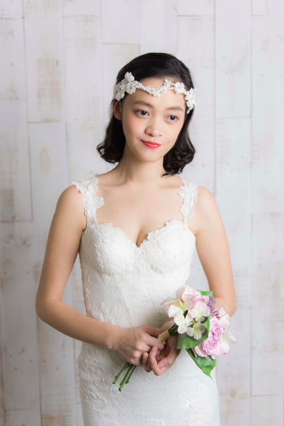 手工絲花及水晶繡珠頭飾／新娘髪箍髪飾 第4張的照片