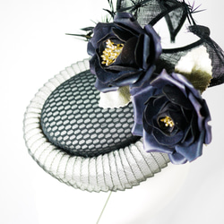 Black and white oval pillbox hat with leather roses 2枚目の画像