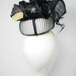 Black and white oval pillbox hat with leather roses 5枚目の画像