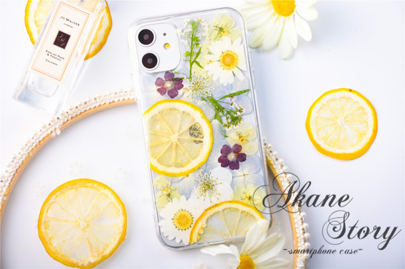 ☆特別価格☆ハートレモン 押し花ケース ☆ レモンと花のしずく 押し花 スマホケース 押し花スマホケース 全