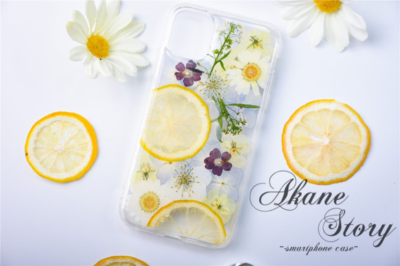 レモンと花のしずく 押し花 スマホケース 押し花スマホケース 全機種対応 iPhone 16 15 14 Galaxy 2枚目の画像