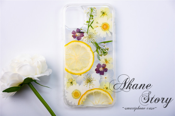 レモンと花のしずく 押し花 スマホケース 押し花スマホケース 全機種対応 iPhone 16 15 14 Galaxy 3枚目の画像