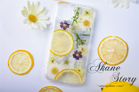 レモンと花のしずく 押し花 スマホケース 押し花スマホケース 全機種対応 iPhone 16 15 14 Galaxy 4枚目の画像