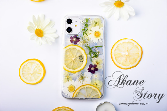 レモンと花のしずく 押し花 スマホケース 押し花スマホケース 全機種対応 iPhone 16 15 14 Galaxy 5枚目の画像