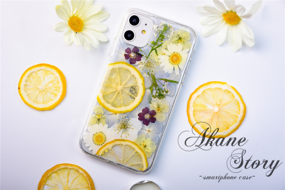 レモンと花のしずく 押し花 スマホケース 押し花スマホケース 全機種対応 iPhone 16 15 14 Galaxy 6枚目の画像