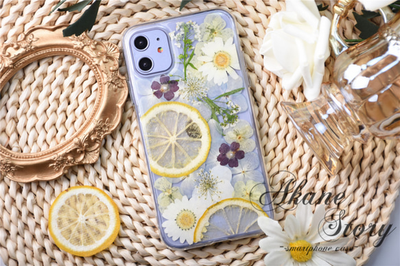 レモンと花のしずく 押し花 スマホケース 押し花スマホケース 全機種対応 iPhone 16 15 14 Galaxy 7枚目の画像